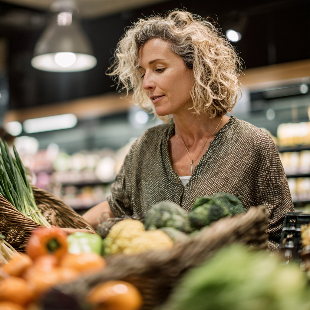 Жінка обирає в супермаркеті корисні продукти